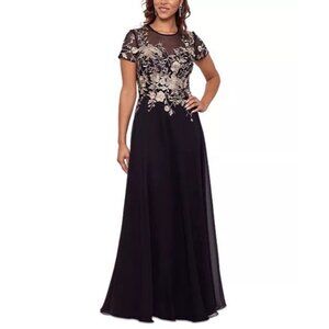 New Betsy & Adam Womens Size 14W Black Mesh Embroidered Cocktail Gown Maxi Dress